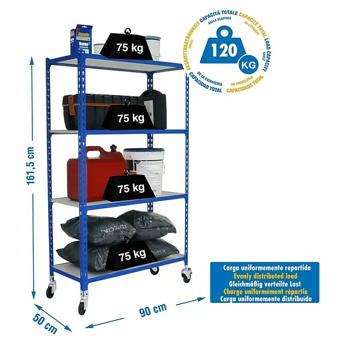 Simonrack Maderclick Estantería metálica Mobile - L x An x Al: 50 x 90 x 157,5 cm, Capacidad de carga: 75 kg/balda, Número de baldas: 4 ud., Inserción, Azul - Dibujo técnico
