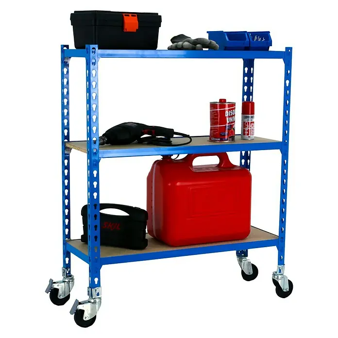Simonrack Maderclick Estantería metálica Mobile Mini - L x An x Al: 40 x 80 x 97,5 cm, Capacidad de carga: 75 kg/balda, Número de baldas: 3 ud., Inserción, Azul - Vista angular