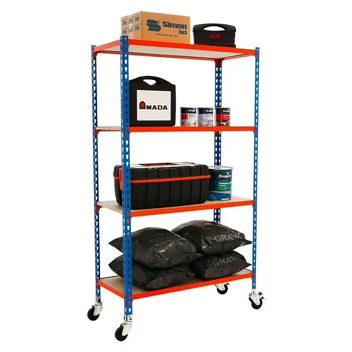 Simonrack Maderclick Estantería metálica Mobile Mini - L x An x Al: 30 x 80 x 157,5 cm, Capacidad de carga: 75 kg/balda, Número de baldas: 4 ud., Inserción, Azul/Naranja - Vista angular