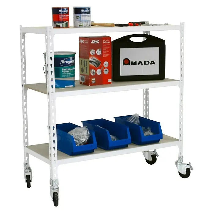 Simonrack Maderclick Estantería metálica Mobile Plus - L x An x Al: 50 x 100 x 97,5 cm, Capacidad de carga: 75 kg/balda, Número de baldas: 3 ud., Inserción, Blanco - Vista angular
