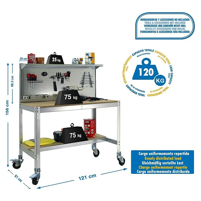 Simonrack Simonwork Banco de trabajo BT3 Mobile - L x An x Al: 61 x 121 x 152 cm, Capacidad de carga: 120 kg, Galvanizado - Dibujo técnico