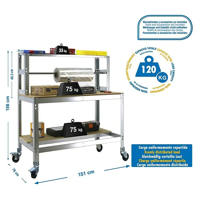 Simonrack Simonwork Banco de trabajo BT4 Mobile - L x An x Al: 76 x 151 x 152 cm, Capacidad de carga: 120 kg, Galvanizado - Dibujo técnico