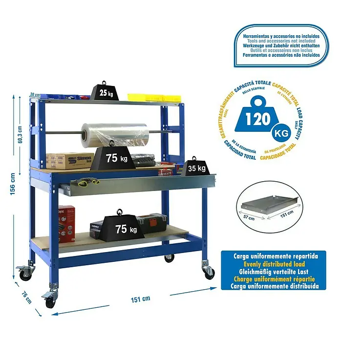 Simonrack Simonwork Banco de trabajo BT4 Box Mobile - L x An x Al: 76 x 151 x 152 cm, Capacidad de carga: 120 kg, Azul - Dibujo técnico