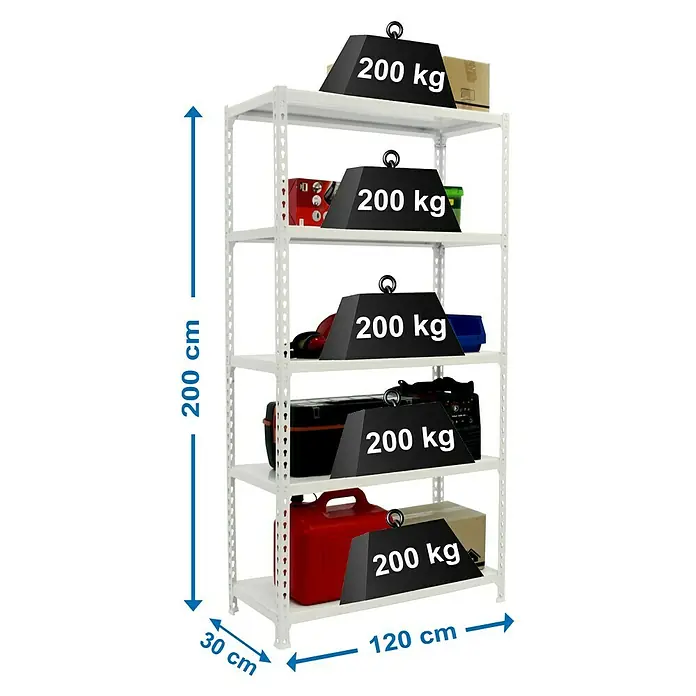 Simonrack Simonclick Estantería metálica Megaplus - L x An x Al: 30 x 120 x 200 cm, Capacidad de carga: 200 kg/balda, Número de baldas: 5 ud., Inserción, Blanco - Dibujo técnico