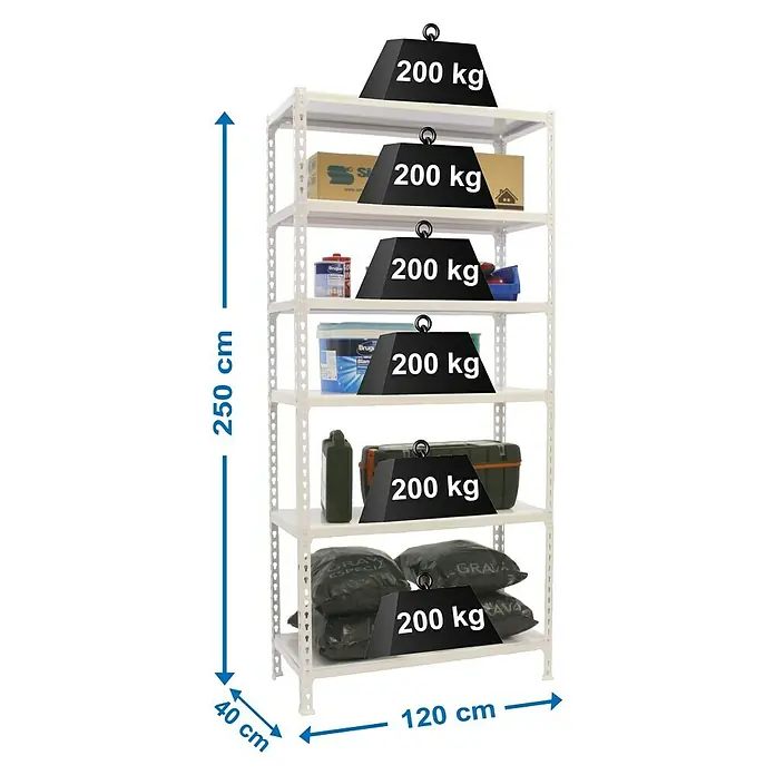 Simonrack Simonclick Estantería metálica Megaplus - L x An x Al: 40 x 120 x 250 cm, Capacidad de carga: 200 kg/balda, Número de baldas: 6 ud., Inserción, Blanco - Dibujo técnico