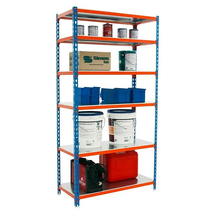 Simonrack Simonclick Estantería metálica Megaplus - L x An x Al: 40 x 120 x 250 cm, Capacidad de carga: 200 kg/balda, Número de baldas: 6 ud., Inserción, Azul/Naranja - Vista angular