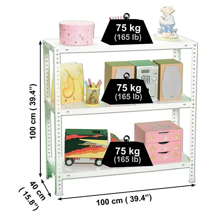 Simonrack Simonclassic Estantería metálica Advantage Plus - L x An x Al: 40 x 100 x 100 cm, Capacidad de carga: 75 kg/balda, Número de baldas: 3 ud., Atornillado, Blanco - Dibujo técnico