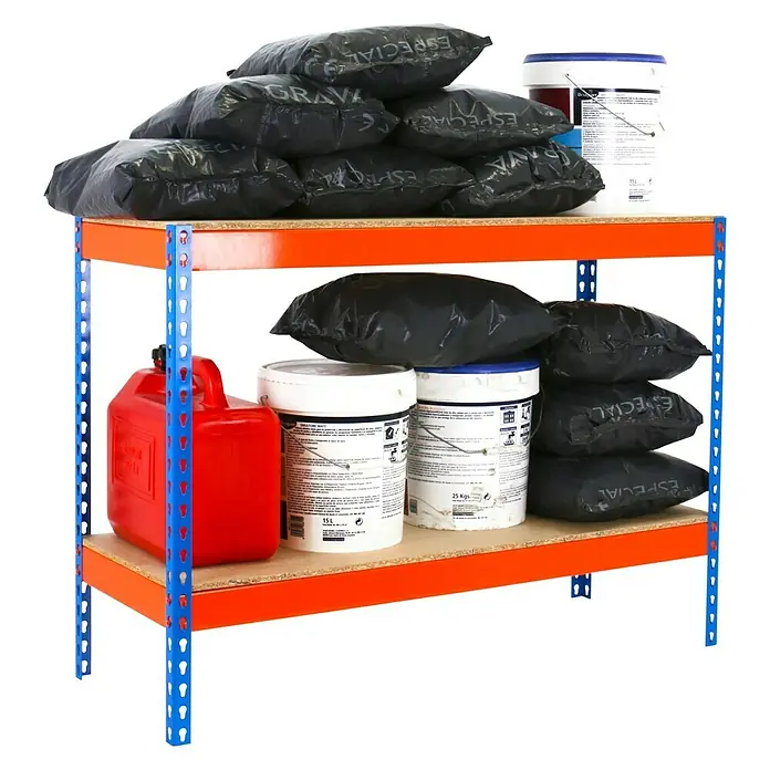 Simonrack Ecoforte Estantería para cargas pesadas Chipboard - L x An x Al: 60 x 120 x 90 cm, Capacidad de carga: 400 kg/balda, Número de baldas: 2 ud., Azul/Naranja - Vista angular
