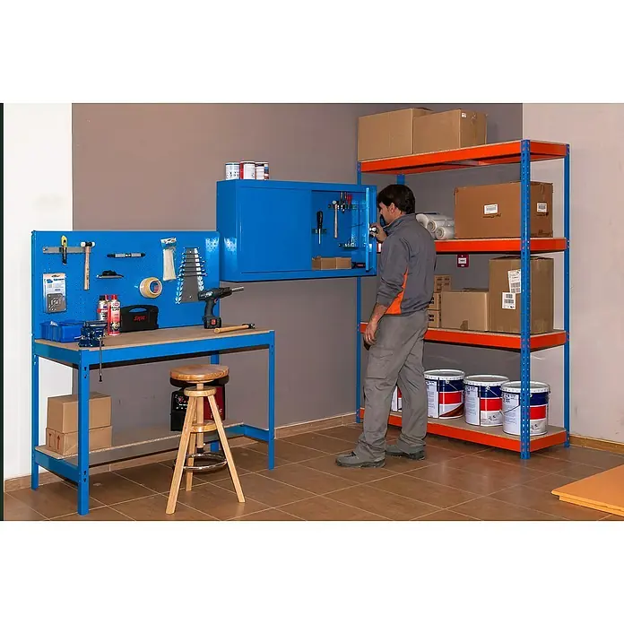 Simonrack Ecoforte Estantería para cargas pesadas Chipboard - L x An x Al: 75 x 120 x 200 cm, Capacidad de carga: 400 kg/balda, Número de baldas: 4 ud., Azul/Naranja - Foto ambiente