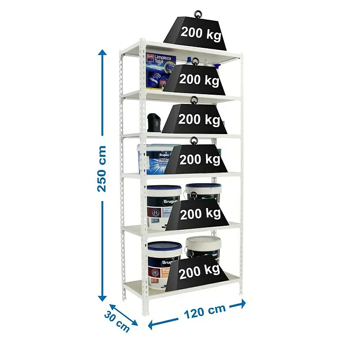 Simonrack Maderclick Estantería metálica Megaplus - L x An x Al: 30 x 120 x 250 cm, Capacidad de carga: 200 kg/balda, Número de baldas: 6 ud., Inserción, Blanco - Dibujo técnico