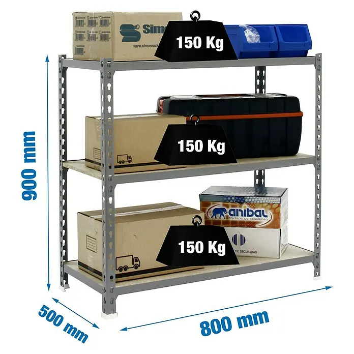 Simonrack Maderclick Estantería metálica Mini - L x An x Al: 50 x 80 x 90 cm, Capacidad de carga: 150 kg/balda, Número de baldas: 3 ud., Gris - Dibujo técnico