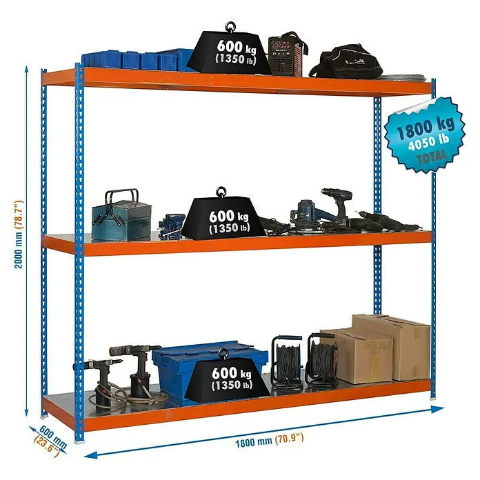 Simonrack Simonforte Estantería para cargas pesadas Metal - L x An x Al: 60 x 180 x 200 cm, Capacidad de carga: 600 kg/balda, Número de baldas: 3 ud., Azul/Naranja - Dibujo técnico
