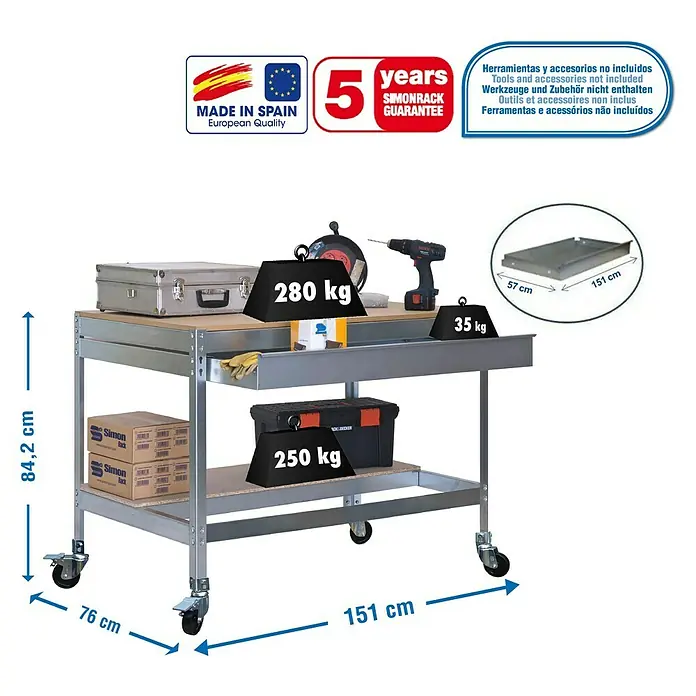 Simonrack Simonwork Banco de trabajo BT0 Box Mobile - L x An x Al: 76 x 151 x 91,7 cm, Capacidad de carga: 120 kg, Galvanizado - Dibujo técnico
