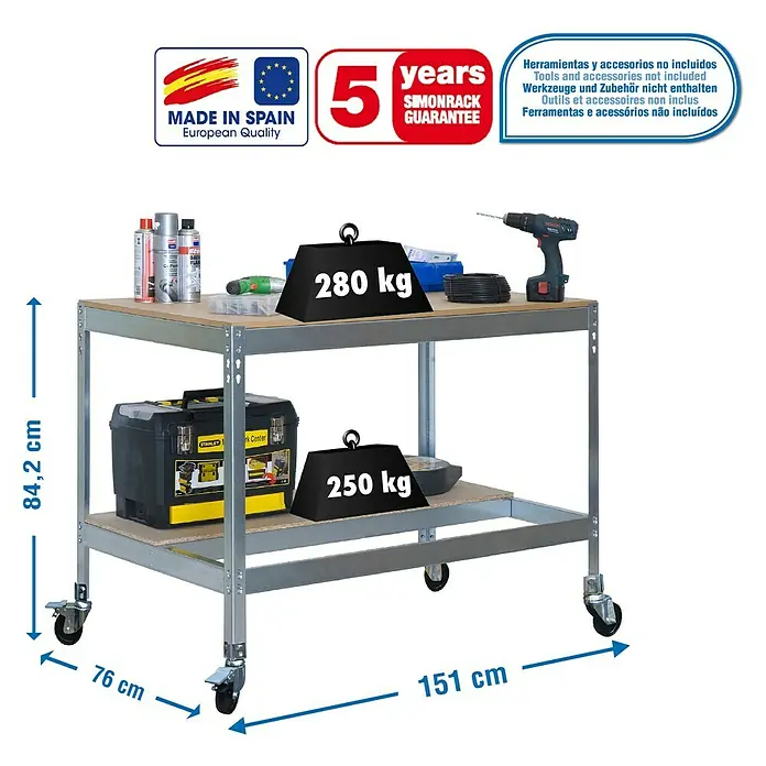 Simonrack Simonwork Banco de trabajo BT0 Mobile - L x An x Al: 76 x 151 x 91,7 cm, Capacidad de carga: 120 kg, Galvanizado - Dibujo técnico