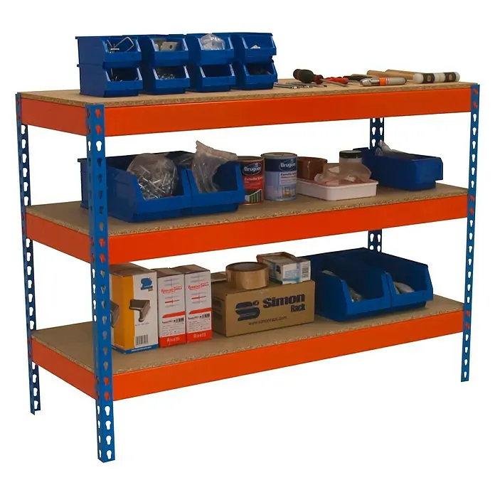 Simonrack Simonwork Mesa de trabajo Basic 3 - Azul/Naranja, L x An x Al: 45 x 180 x 90 cm, Capacidad de carga: 400 kg - Vista angular
