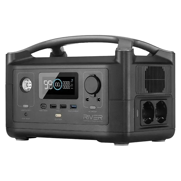 EcoFlow Powerstation River - 288 Wh, Grau/Schwarz - Diagonale Ansicht
