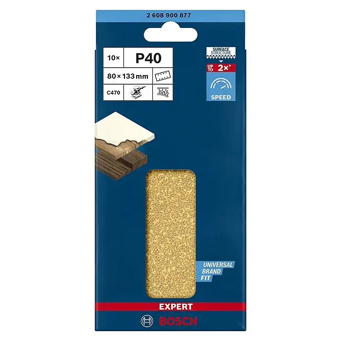 Bosch Expert Schleifblätter C470 - Körnung: 40, 80 x 133 mm, Klettbefestigung, 10 Stk. - Vorderansicht