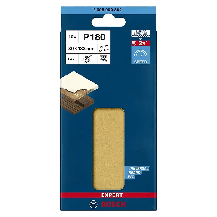 Bosch Expert Schleifblätter C470 - Körnung: 180, 80 x 133 mm, Klettbefestigung, 10 Stk. - Vorderansicht