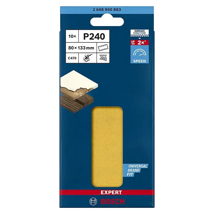 Bosch Expert Schleifblätter C470 - Körnung: 240, 80 x 133 mm, Klettbefestigung, 10 Stk. - Vorderansicht