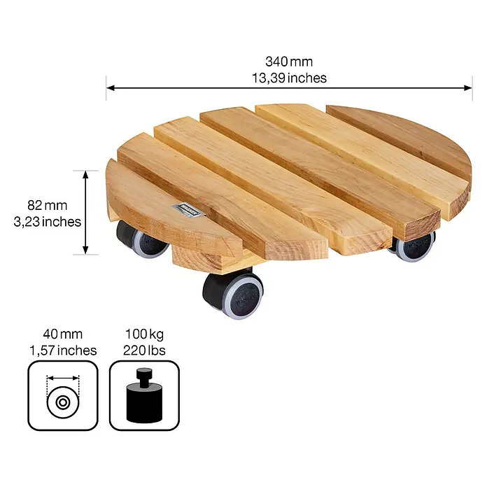 Gardol Pflanzenroller Classic Soft - Rund, Erle, Max. Belastung: 100 kg - Skizze