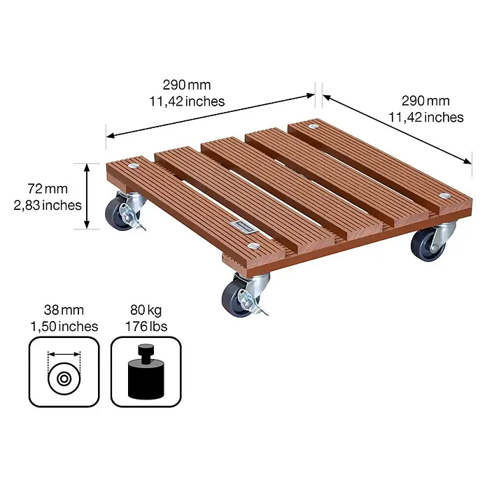 Gardol Pflanzenroller - 29 x 29 cm, WPC, Terracotta, Max. Belastung: 80 kg - Skizze
