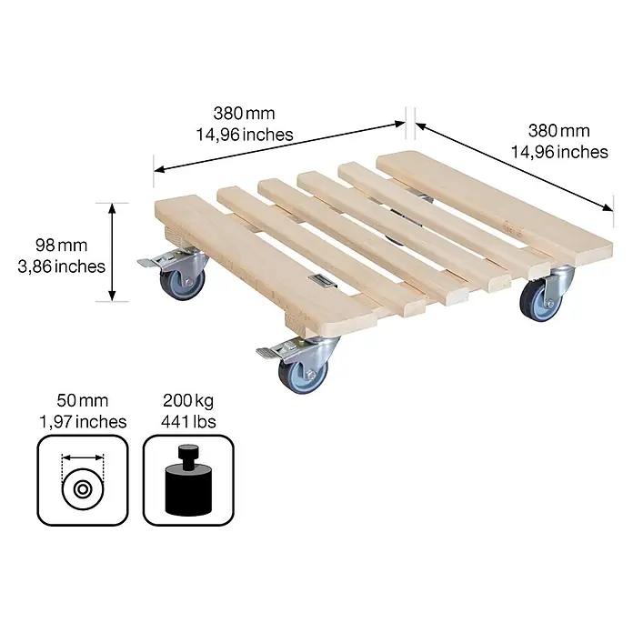 Gardol Pflanzenroller Classic Soft - Rechteckig, Buche, Max. Belastung: 200 kg - Skizze