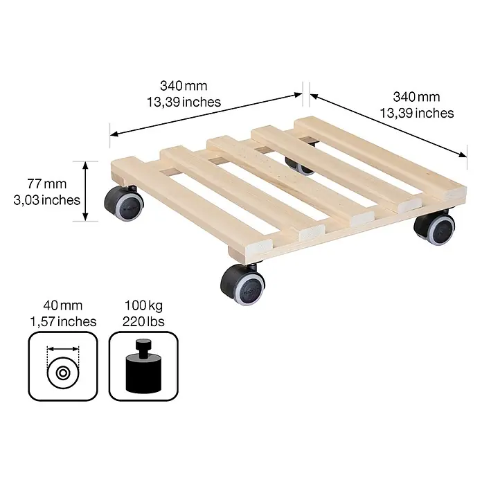 Gardol Pflanzenroller Paletti - 34 x 34 cm, Max. Belastung: 100 kg - Skizze