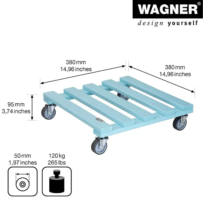 Wagner System Pflanzenroller - 9,5 x 38 cm, Blau, Max. Belastung: 120 kg, Durchmesser Rolle: 50 mm - Skizze