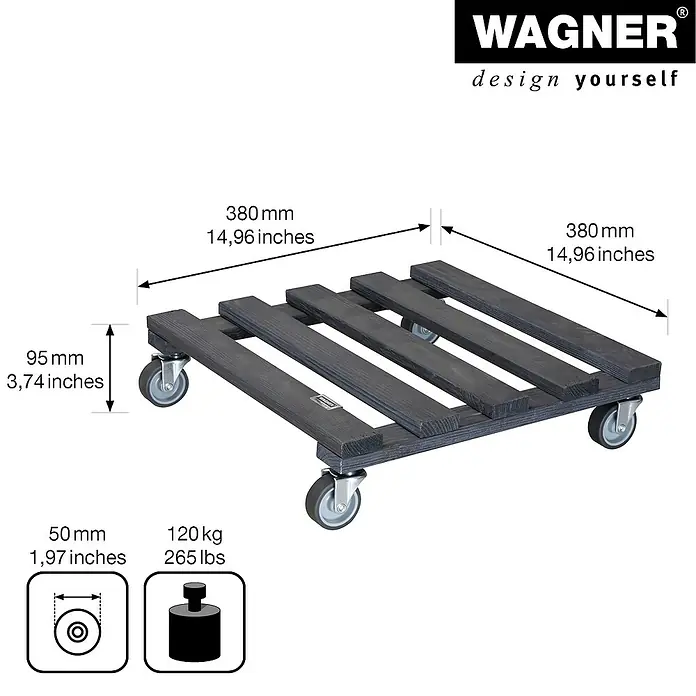Wagner System Pflanzenroller - 9,5 x 38 cm, Anthrazit, Max. Belastung: 120 kg, Durchmesser Rolle: 50 mm - Skizze