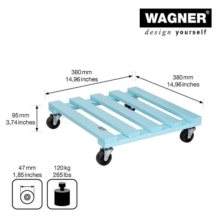 Wagner System Pflanzenroller - 9,5 x 38 cm, Blau, Max. Belastung: 120 kg, Durchmesser Rolle: 47 mm - Skizze
