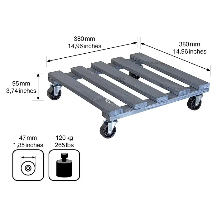 Wagner System Pflanzenroller - 9,5 x 38 cm, Anthrazit, Max. Belastung: 120 kg, Durchmesser Rolle: 47 mm - Skizze