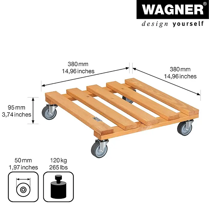Wagner System Pflanzenroller - 9,5 x 38 cm, Hellbraun, Max. Belastung: 120 kg, Durchmesser Rolle: 50 mm - Skizze