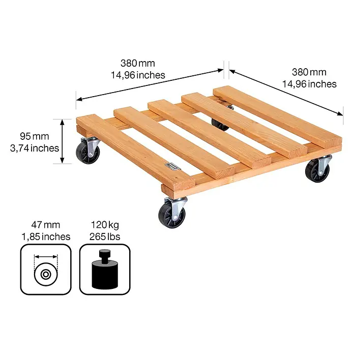 Wagner System Pflanzenroller - 9,5 x 38 cm, Hellbraun, Max. Belastung: 120 kg, Durchmesser Rolle: 47 mm - Skizze