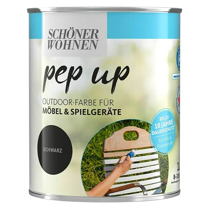 SCHÖNER WOHNEN-Farbe Pep up Outdoor-Farbe für Möbel & Spielgeräte - Schwarz, 1 l, Seidenmatt - Vorderansicht