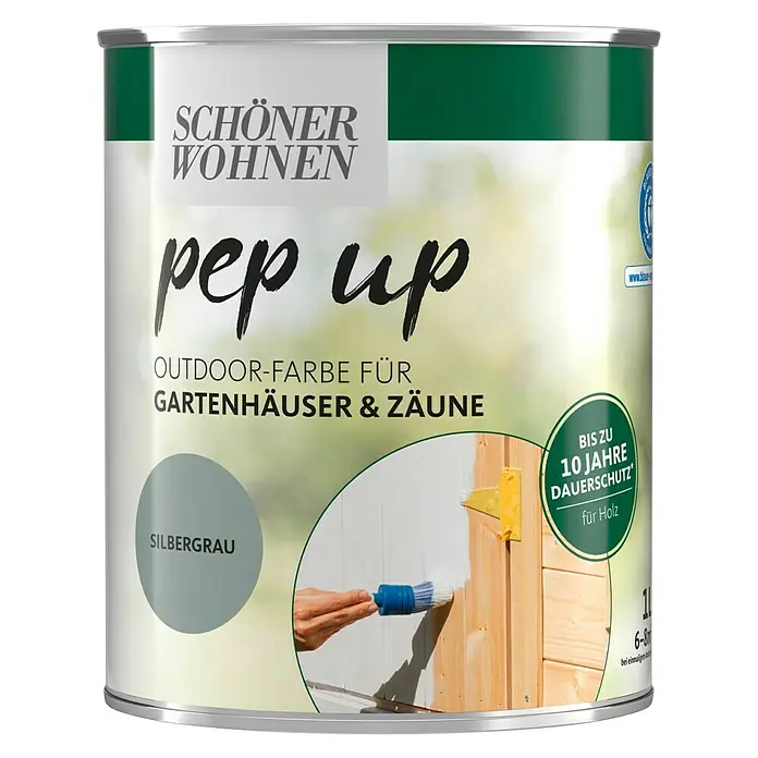 SCHÖNER WOHNEN-Farbe Pep up Outdoor-Farbe für Gartenhäuser & Zäune - Silbergrau, 1 l, Seidenmatt - Vorderansicht