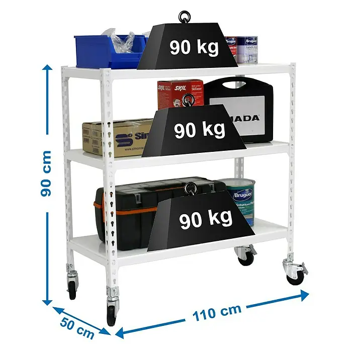 Simonrack Simonclick Estantería metálica Mobile Superplus - L x An x Al: 50 x 110 x 97,5 cm, Capacidad de carga: 75 kg/balda, Número de baldas: 3 ud., Inserción, Blanco - Dibujo técnico