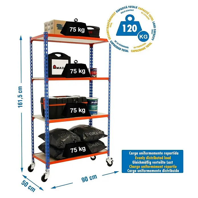 Simonrack Maderclick Estantería metálica Mobile - L x An x Al: 50 x 90 x 157,5 cm, Capacidad de carga: 75 kg/balda, Número de baldas: 4 ud., Inserción, Azul/Naranja - Dibujo técnico