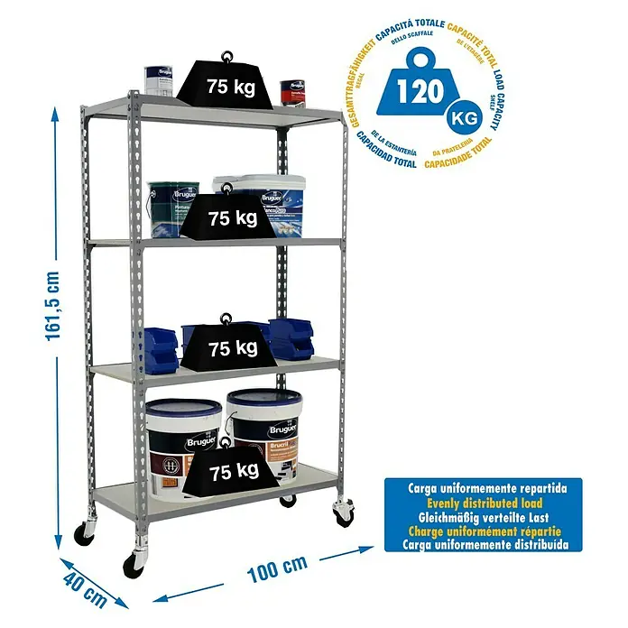 Simonrack Maderclick Estantería metálica Mobile Plus - L x An x Al: 40 x 100 x 157,5 cm, Capacidad de carga: 75 kg/balda, Número de baldas: 4 ud., Inserción, Gris - Dibujo técnico
