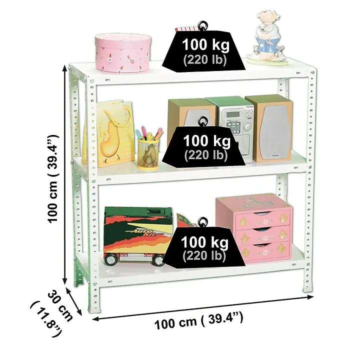 Simonrack Comfort Estantería metálica Plus - L x An x Al: 30 x 100 x 100 cm, Capacidad de carga: 100 kg/balda, Número de baldas: 3 ud., Atornillado, Blanco - Dibujo técnico