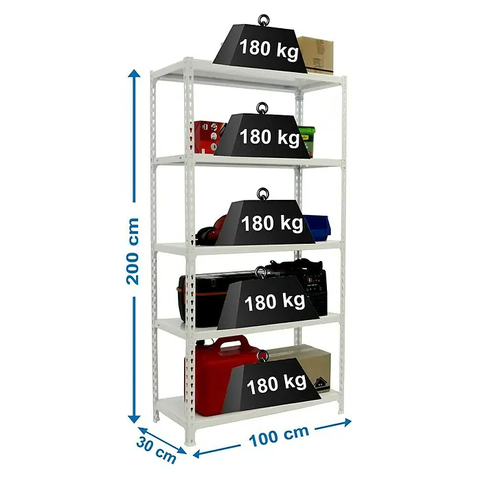 Simonrack Simonclick Estantería metálica Plus - L x An x Al: 30 x 100 x 200 cm, Capacidad de carga: 180 kg/balda, Número de baldas: 5 ud., Inserción, Blanco - Dibujo técnico