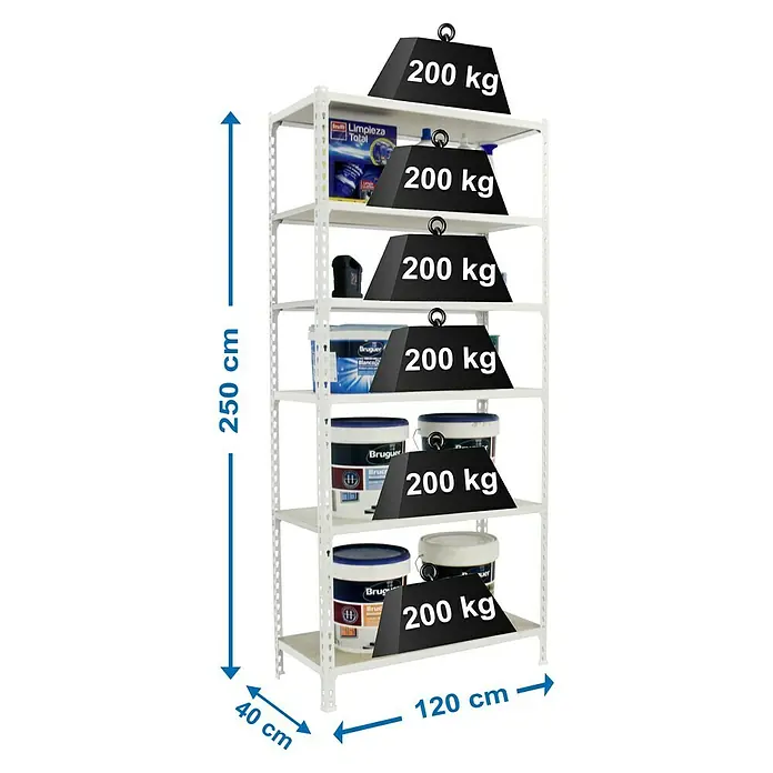Simonrack Maderclick Estantería metálica Megaplus - L x An x Al: 40 x 120 x 250 cm, Capacidad de carga: 200 kg/balda, Número de baldas: 6 ud., Inserción, Blanco - Dibujo técnico