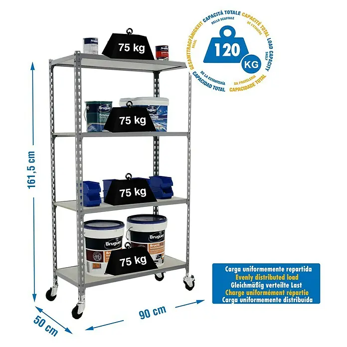Simonrack Maderclick Estantería metálica Mobile - L x An x Al: 50 x 90 x 157,5 cm, Capacidad de carga: 75 kg/balda, Número de baldas: 4 ud., Inserción, Gris - Dibujo técnico