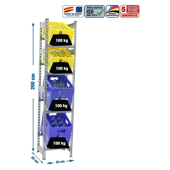 Simonrack Simonbottle Estantería para cajas de bebidas - L x An x Al: 30 x 40 x 200 cm, Capacidad de carga: 100 kg/balda, Número de baldas: 4 ud., Gris - Dibujo técnico