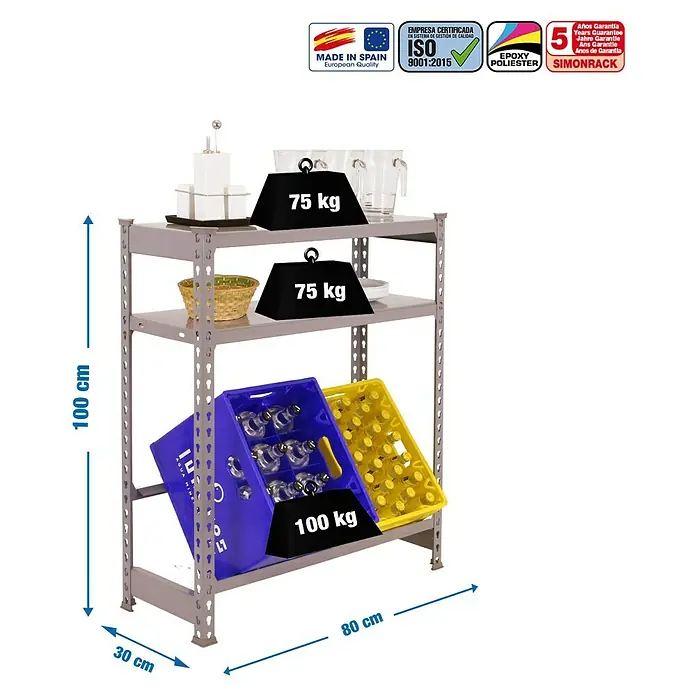 Simonrack Simonbottle Estantería para cajas de bebidas Shelf - L x An x Al: 30 x 80 x 100 cm, Capacidad de carga: 100 kg/balda, Número de baldas: 3 ud., Gris - Dibujo técnico