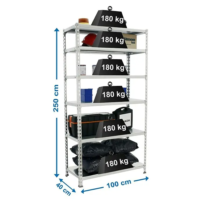 Simonrack Simonclick Estantería metálica Plus - L x An x Al: 40 x 100 x 250 cm, Capacidad de carga: 180 kg/balda, Número de baldas: 6 ud., Inserción, Galvanizado - Dibujo técnico