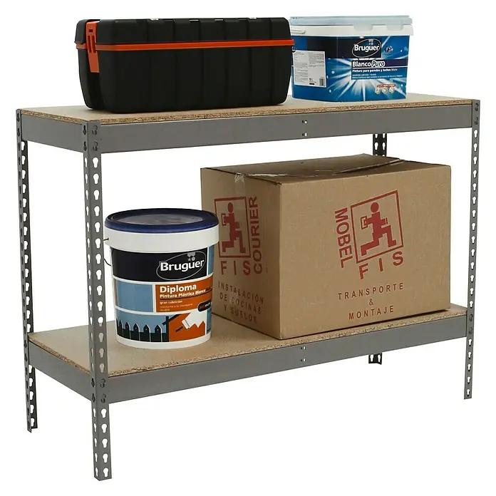 Simonrack Ecoforte Estantería para cargas pesadas Chipboard - L x An x Al: 45 x 120 x 90 cm, Capacidad de carga: 400 kg/balda, Número de baldas: 2 ud., Gris - Producto en uso