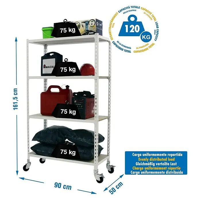 Simonrack Maderclick Estantería metálica Mobile - L x An x Al: 50 x 90 x 157,5 cm, Capacidad de carga: 75 kg/balda, Número de baldas: 4 ud., Inserción, Blanco - Dibujo técnico