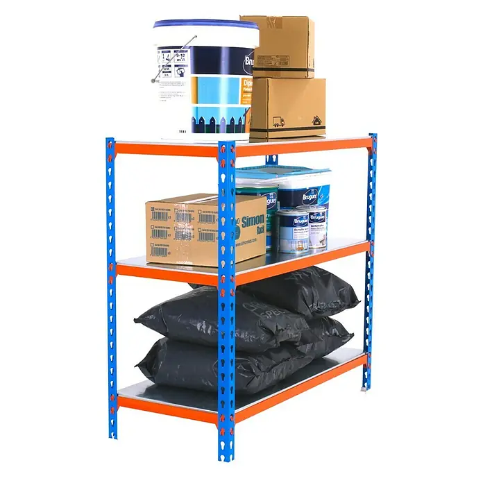 Simonrack Simonclick Estantería metálica Megaplus - L x An x Al: 40 x 120 x 90 cm, Capacidad de carga: 200 kg/balda, Número de baldas: 3 ud., Inserción, Azul/Naranja - Producto en uso