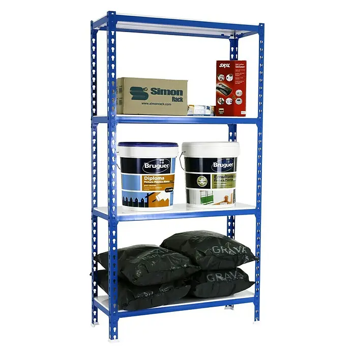 Simonrack Simonclick Estantería metálica Megaplus - L x An x Al: 40 x 120 x 150 cm, Capacidad de carga: 200 kg/balda, Número de baldas: 4 ud., Inserción, Azul/Blanco - Producto en uso