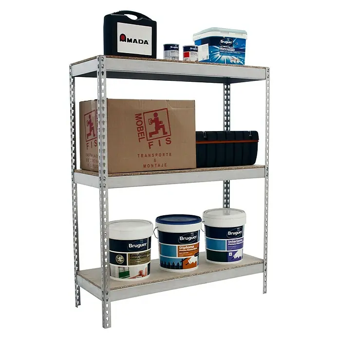 Simonrack Simonforte Estantería para cargas pesadas Chipboard - L x An x Al: 45 x 120 x 150 cm, Capacidad de carga: 600 kg/balda, Número de baldas: 3 ud., Galvanizado - Producto en uso
